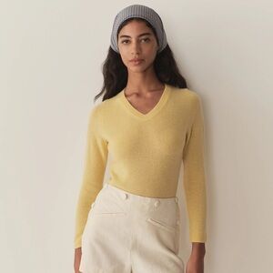 Doen Garance Cashmere High V Neck Knit Sweater Pullover Lemon Chiffon Yellow